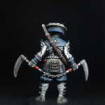 Oni-Kage Une figurine d’Okko Chronicles, Oni-Kage, personnage vue de derrière, personnage démoniaque au visage caché laissant apparaître son unique œil, équipé de deux kusarigama.