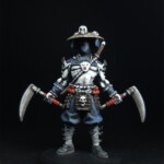 Oni-Kage Une figurine d’Okko Chronicles, Oni-Kage, personnage vue de face, personnage démoniaque au visage caché laissant apparaître son unique œil, équipé de deux kusarigama.